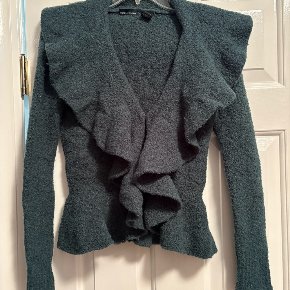 Moda International Dark Green Ruffle Front Women's Cardigan